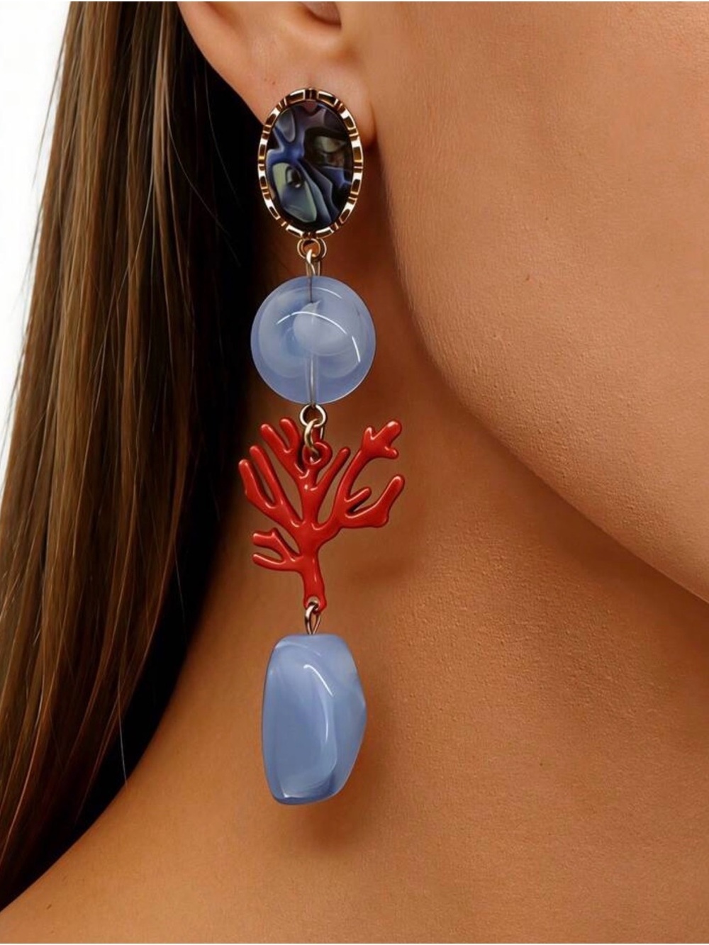 Coral Branch Blue Bead Statement Drop Earrings – Gold Tone